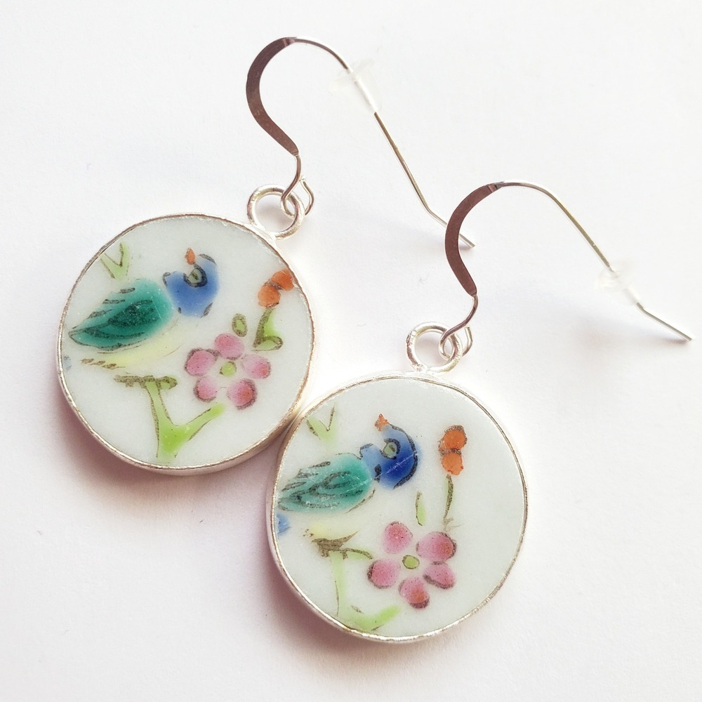 Bird & Flower Pottery Shard Earrings Hand Painted Porcelain Sterling Silver Wire
